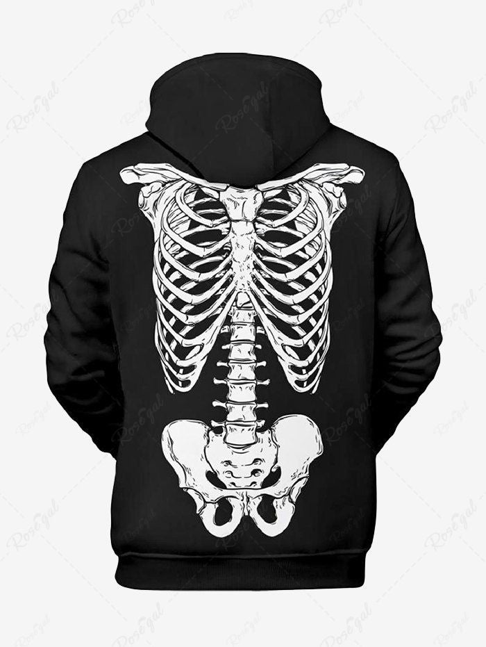 Plus Size Halloween Costume Skeleton Printed Pocket Drawstring Hoodie For Men