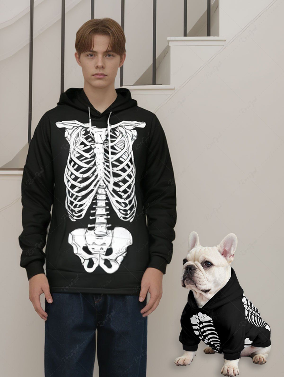 Plus Size Halloween Costume Skeleton Printed Pocket Drawstring Hoodie For Men