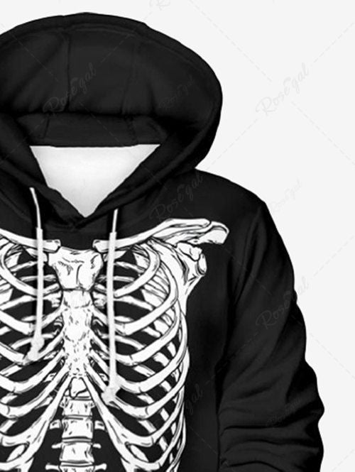 Plus Size Halloween Costume Skeleton Printed Pocket Drawstring Hoodie For Men