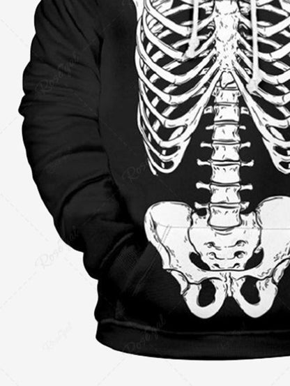 Plus Size Halloween Costume Skeleton Printed Pocket Drawstring Hoodie For Men