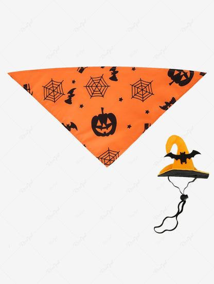 Pet's Halloween Witch Costume Pumpkin Bat Star Spider Web Printed Bandana and Hat