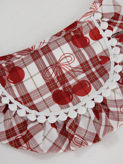 Pet's Bowknot Cherry Plaid Printed Ruffles Tied Bandana Bibs