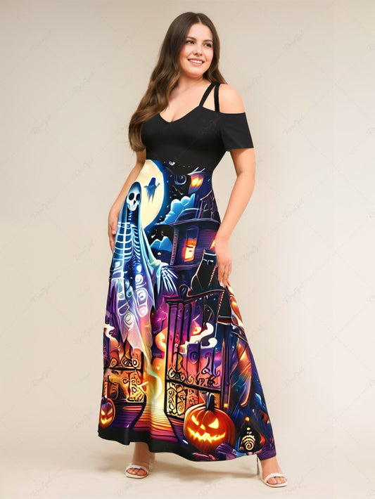 Plus Size Halloween Costume Skeleton Ghost Pumpkin Latern Moon Printed Cold Shoulder Crisscross Maxi Dress