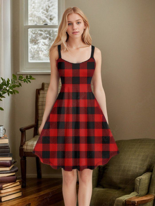 Plus Size Geometric Plaid Printed A Line Tank Dress