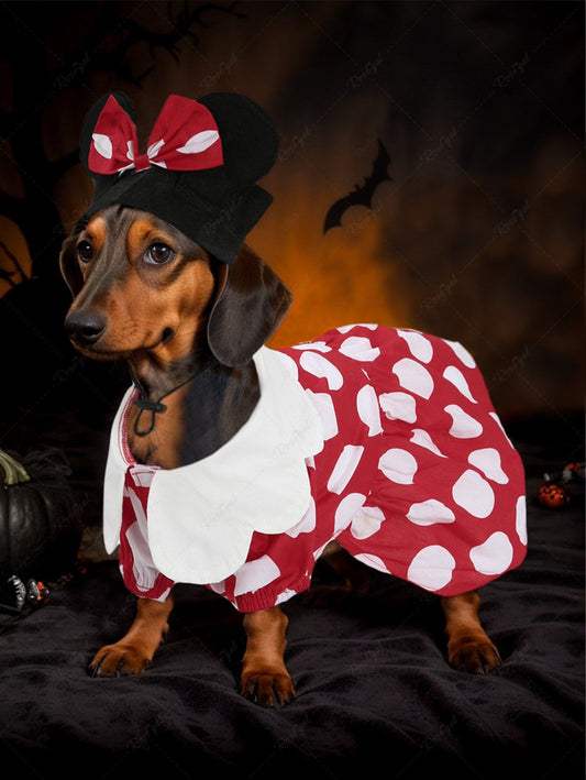 Pet's Halloween Cosplay Mickey Mouse Dot Printed Dress With Toggle Drawstring Headband