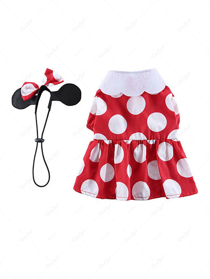 Pet's Halloween Cosplay Mickey Mouse Dot Printed Dress With Toggle Drawstring Headband