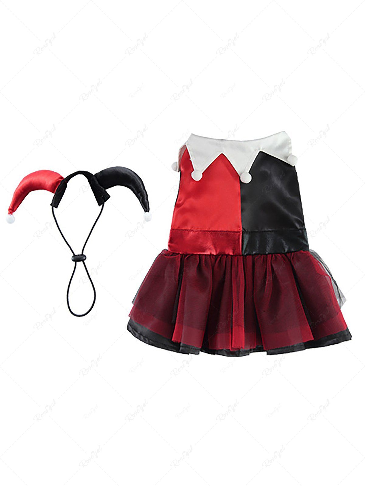 Pet's Halloween Costume Red And Black Patchwork Clown Cosplay Mesh Dress With Toggle Drawstring Headband