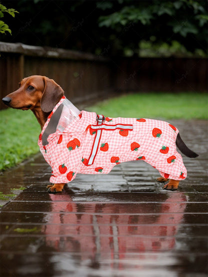 Pet's Plaid Strawberry Printed Reflective Strips Raincoat