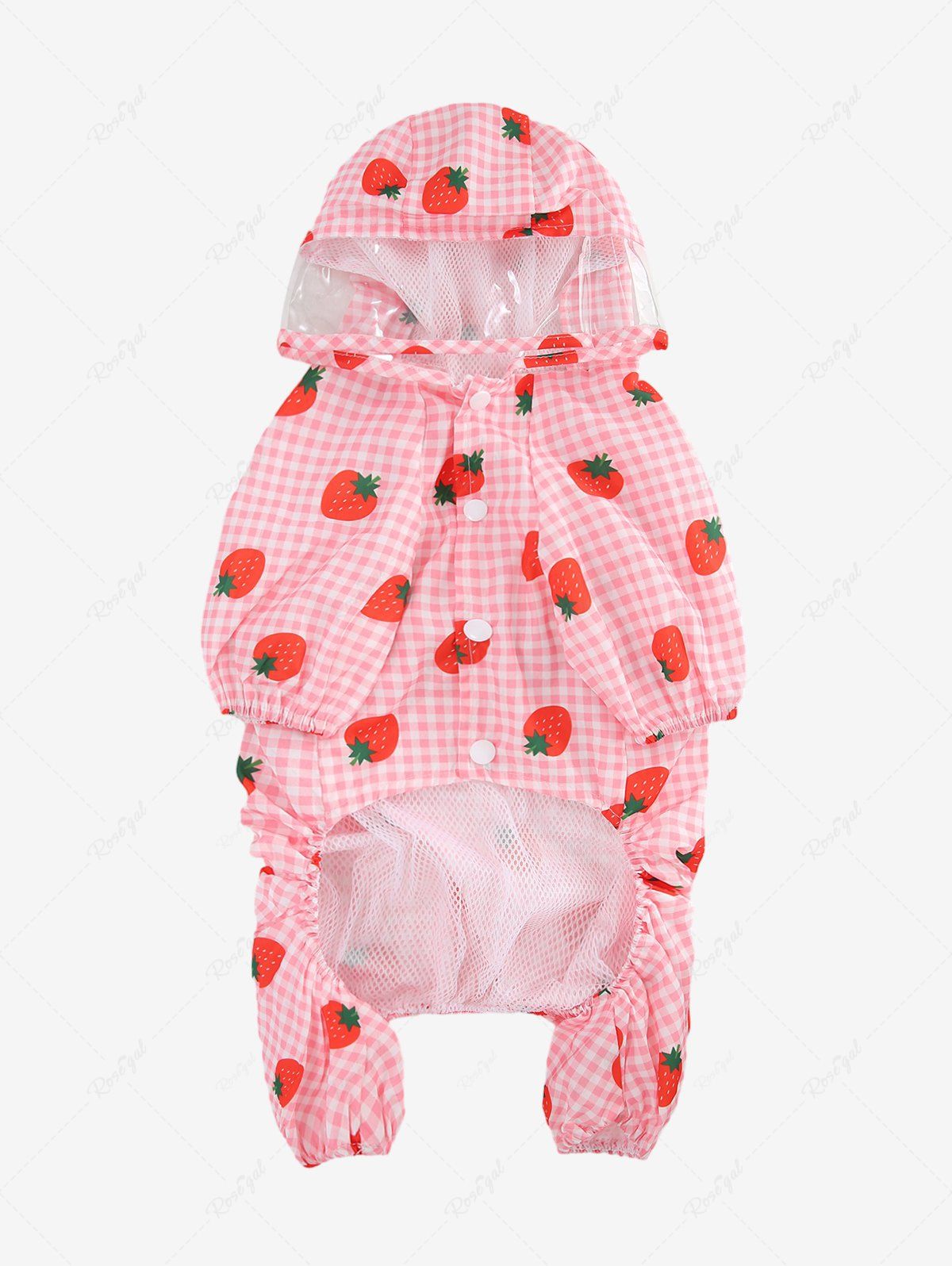 Pet's Plaid Strawberry Printed Reflective Strips Raincoat