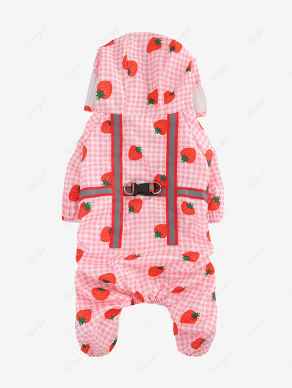 Pet's Plaid Strawberry Printed Reflective Strips Raincoat