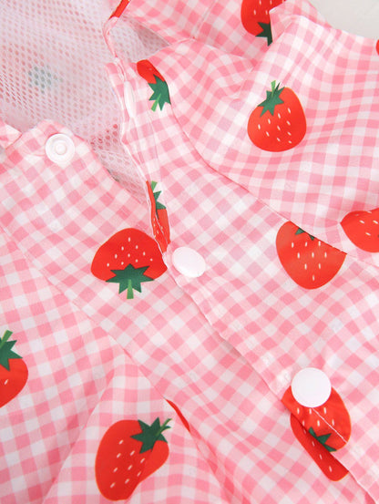 Pet's Plaid Strawberry Printed Reflective Strips Raincoat