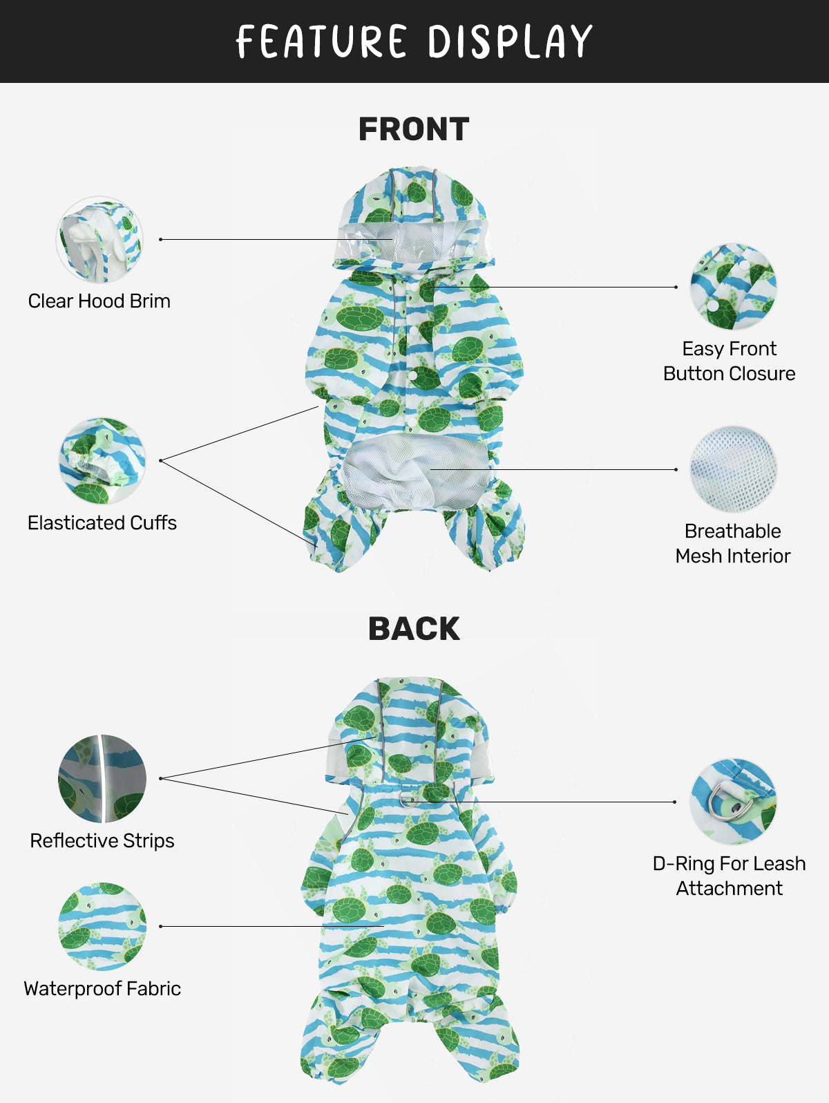 Pet's Turtle Sea Waves Printed Buttons Raincoat