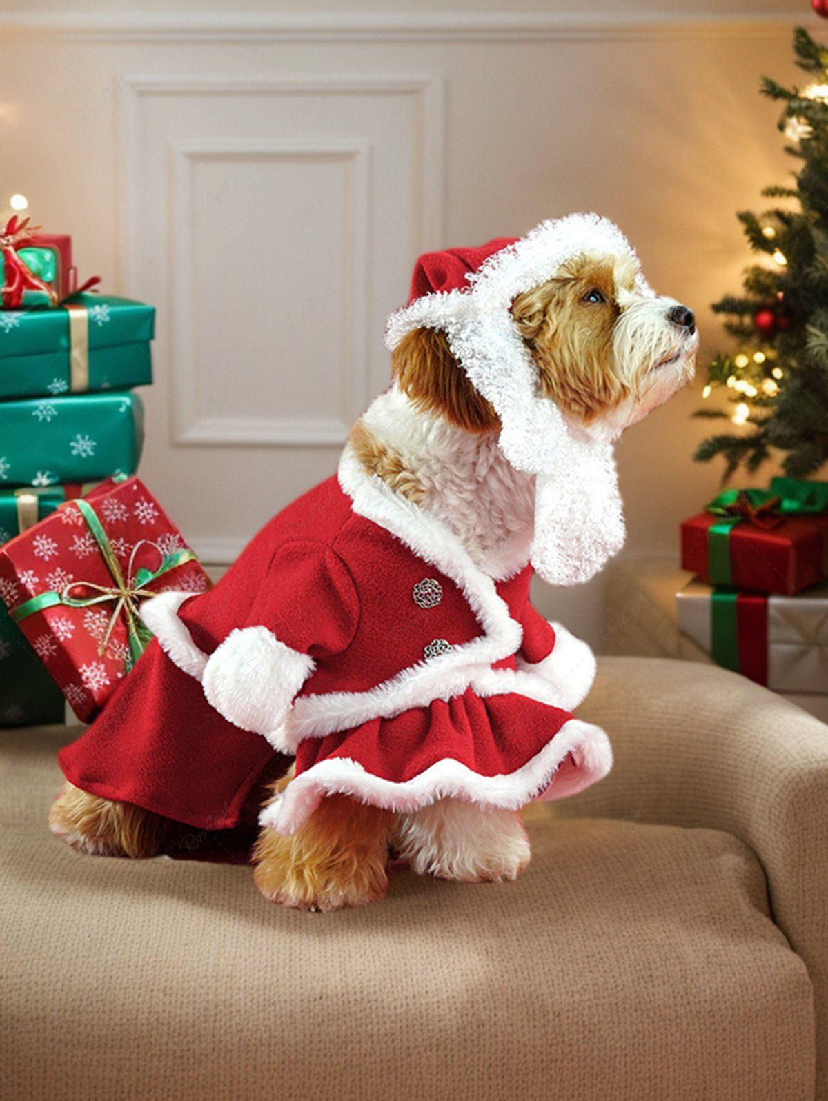 Pet's Contrast Piping Fur Trim Two Tone Button Christmas Dress with Hat