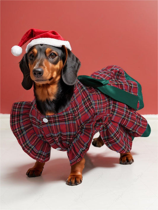 Pet's Plaid Printed Bowknot Ruffles Layered Button Christmas Dress