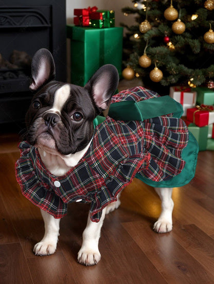 Pet's Plaid Printed Bowknot Ruffles Layered Button Christmas Dress