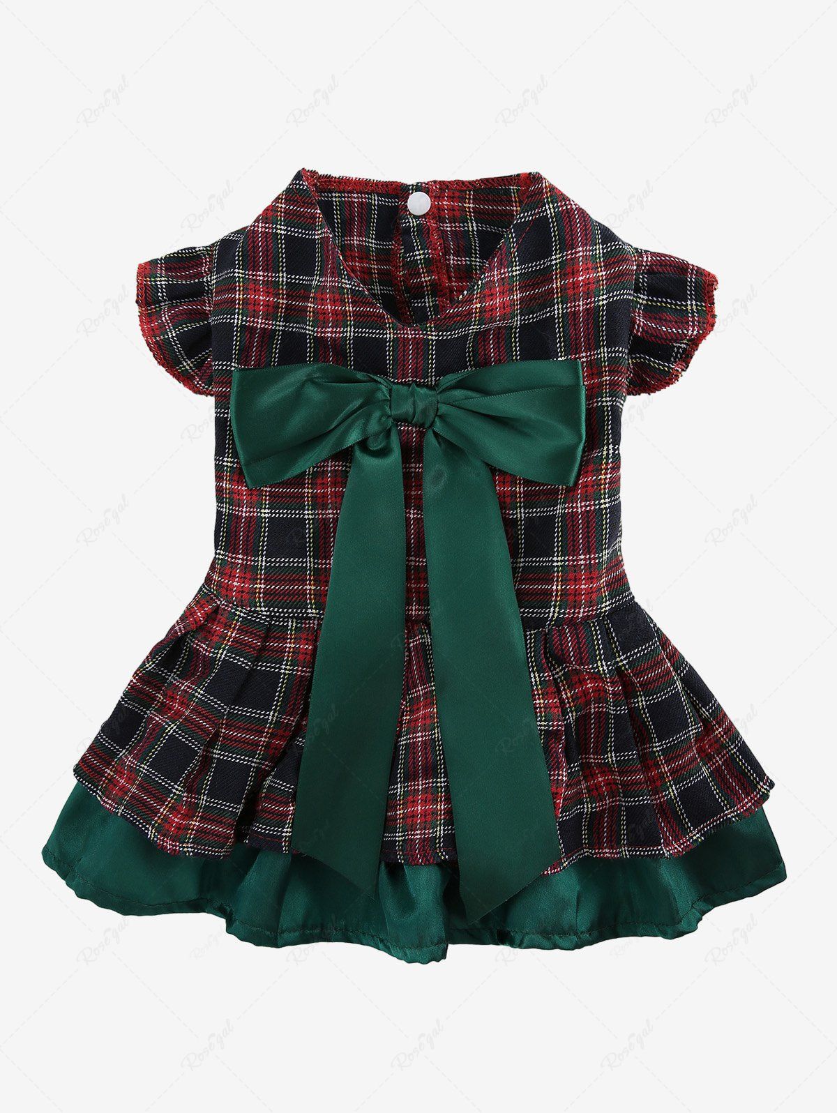 Pet's Plaid Printed Bowknot Ruffles Layered Button Christmas Dress