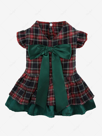 Pet's Plaid Printed Bowknot Ruffles Layered Button Christmas Dress