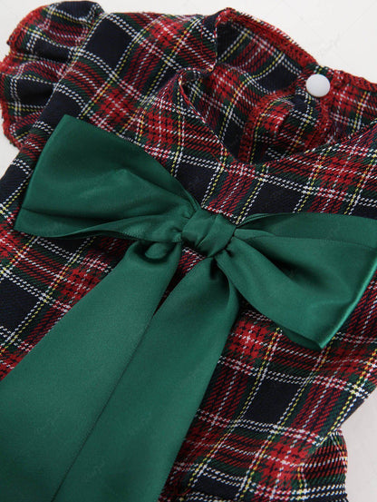 Pet's Plaid Printed Bowknot Ruffles Layered Button Christmas Dress