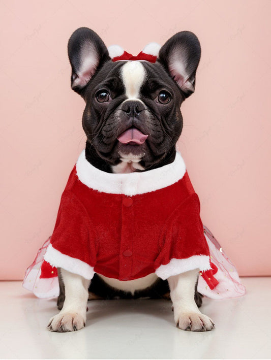 Pet's Gilding Stars Printed Mesh Overlay Contrast Fur Piping Buckle Belted Button Christmas Dress with Bowknot Collar