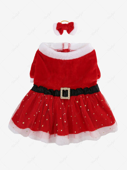 Pet's Gilding Stars Printed Mesh Overlay Contrast Fur Piping Buckle Belted Button Christmas Dress with Bowknot Collar