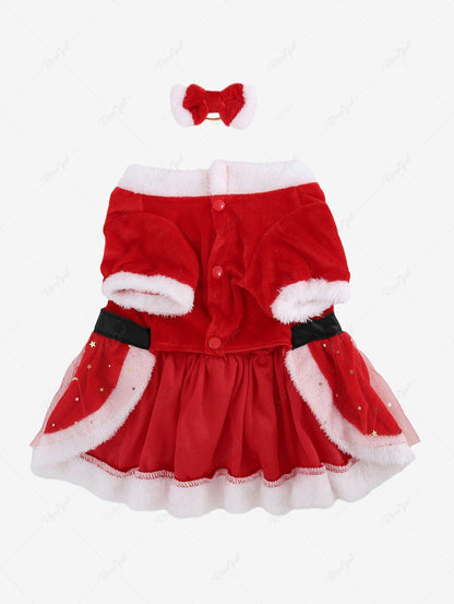 Pet's Gilding Stars Printed Mesh Overlay Contrast Fur Piping Buckle Belted Button Christmas Dress with Bowknot Collar