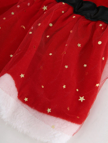 Pet's Gilding Stars Printed Mesh Overlay Contrast Fur Piping Buckle Belted Button Christmas Dress with Bowknot Collar