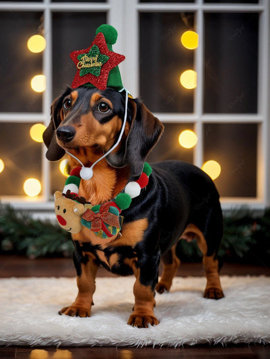 Pet's Christmas Elk Bowknot Colorful Fur Ball Collar and Glitter Sparkling Star Hat Set