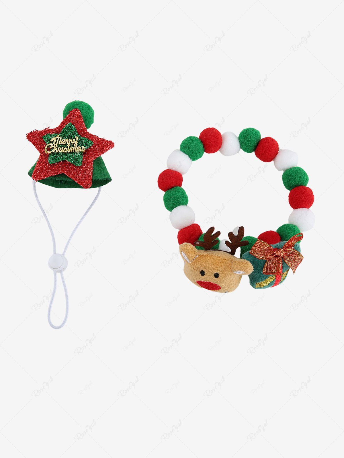 Pet's Christmas Elk Bowknot Colorful Fur Ball Collar and Glitter Sparkling Star Hat Set