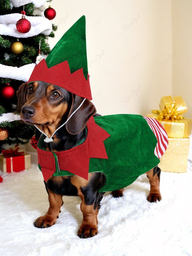 Pet's Christmas Stripes Printed Velvet Patchwork Elf Costume Coat With A Hat