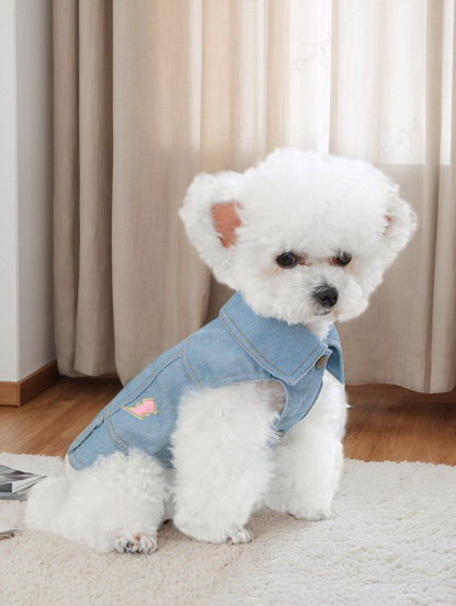 Pet's Letter Star Lightning Jacquard Embroidered Topstitching Button Denim Vest