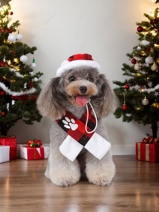 Pet's Christmas Plaid Foot Printed Scarf And Fleece Trim Hat