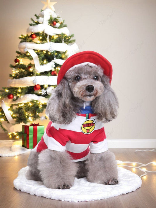 Pet's Christmas Stripes Printed T-shirt With Cap