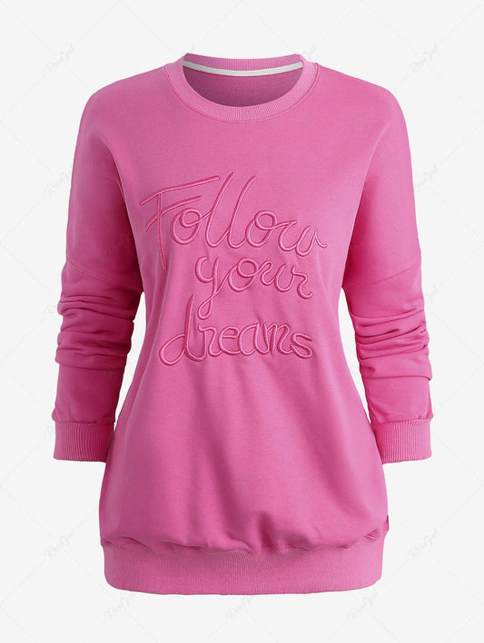 Solid Color Letters Jacquard Embroidered Long Sleeves Pullover Sweatshirt