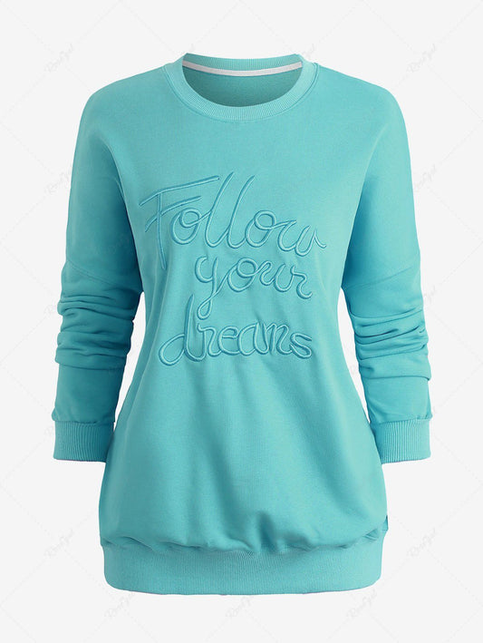 Solid Color Letters Jacquard Embroidered Long Sleeves Pullover Sweatshirt