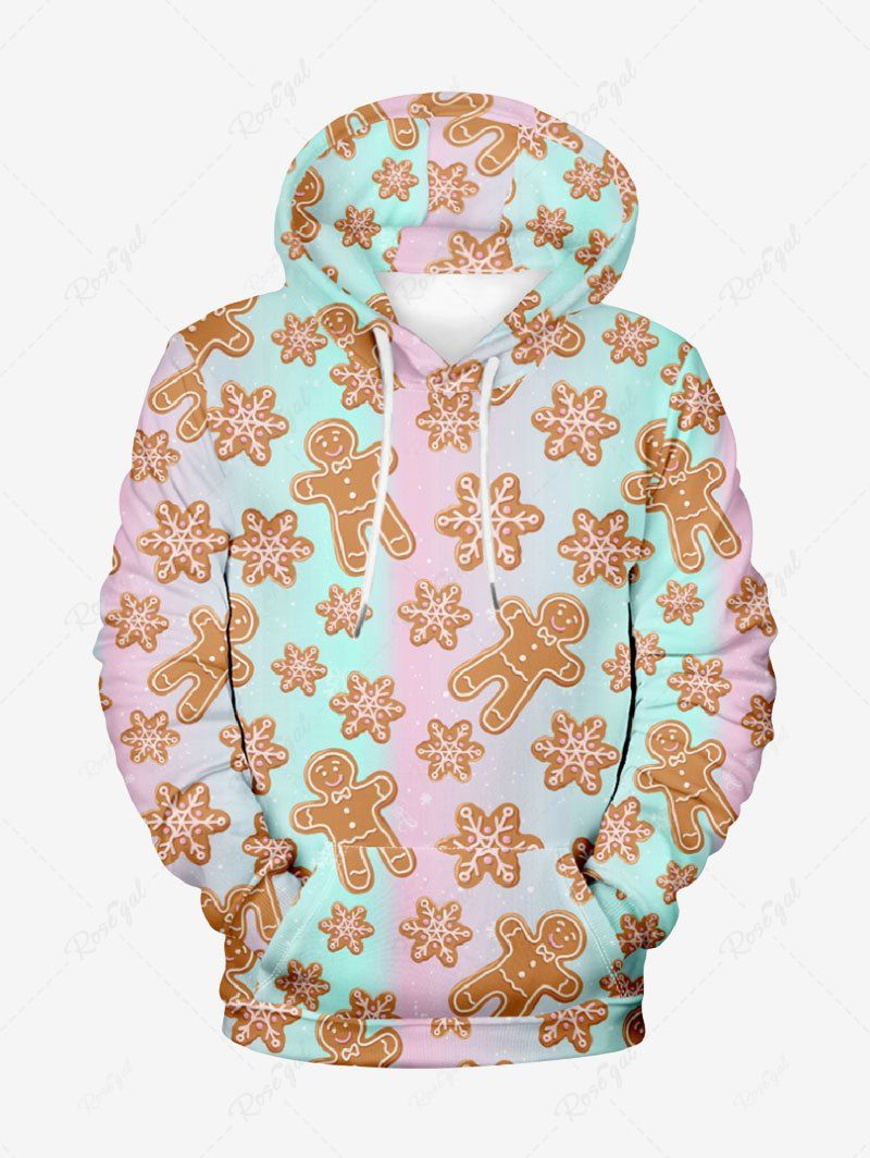 Plus Size Christmas Gingerbread Snowflake Printed Ombre Pocket Drawstring Pullover Long Sleeves Hoodie