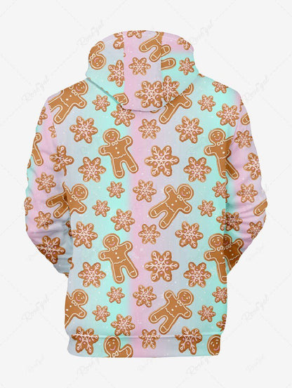 Plus Size Christmas Gingerbread Snowflake Printed Ombre Pocket Drawstring Pullover Long Sleeves Hoodie