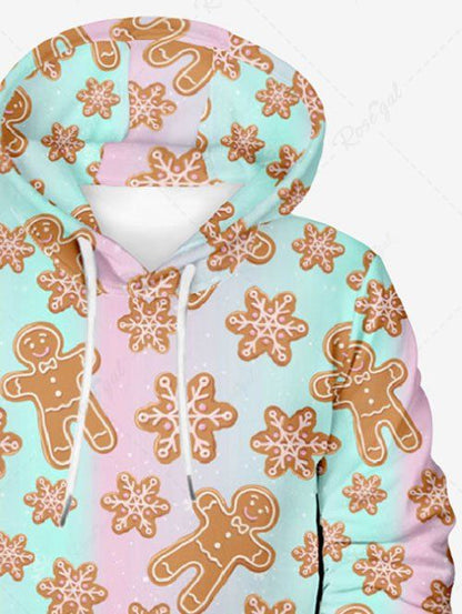 Plus Size Christmas Gingerbread Snowflake Printed Ombre Pocket Drawstring Pullover Long Sleeves Hoodie