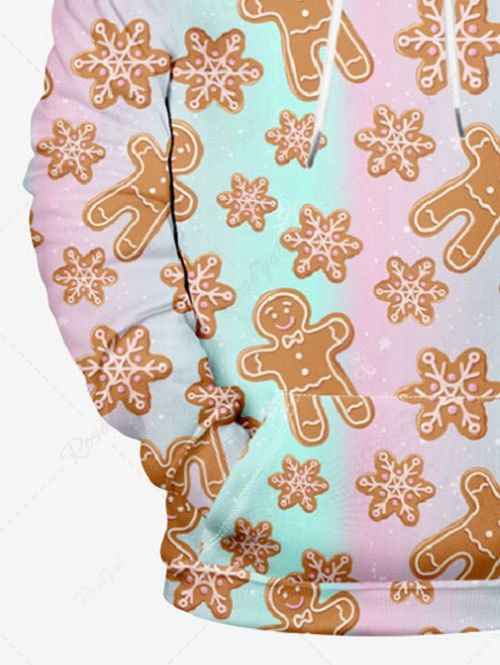 Plus Size Christmas Gingerbread Snowflake Printed Ombre Pocket Drawstring Pullover Long Sleeves Hoodie