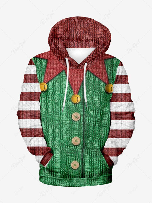 Plus Size Christmas Clown Stripes Bells Knit 3D Printed Pocket Drawstring Hoodie