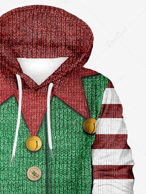 Plus Size Christmas Clown Stripes Bells Knit 3D Printed Pocket Drawstring Hoodie