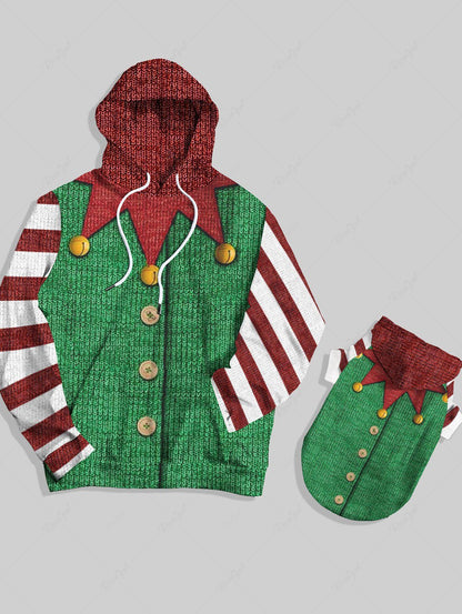 Christmas Elf Costume Stripes Bells Knit 3D Print Hoodie Dog And Owner Matching Outfits