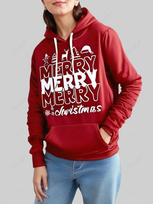 Plus Size Christmas Tree Elk Snowman Snowflake Letters Printed Pocket Pullover Long Sleeves Hoodie