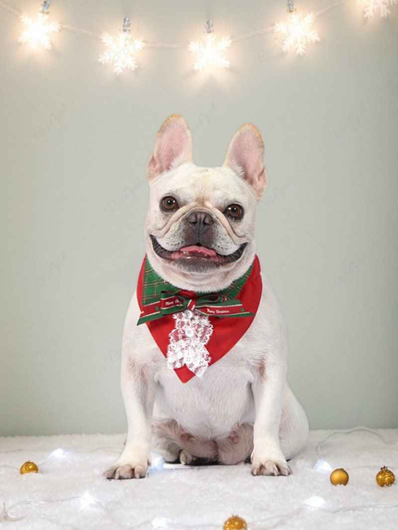 Pet's Christmas Plaid Printed Bowknot Lace Button Push Buckle Bandana Bibs