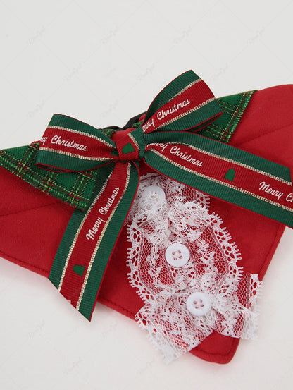 Pet's Christmas Plaid Printed Bowknot Lace Button Push Buckle Bandana Bibs