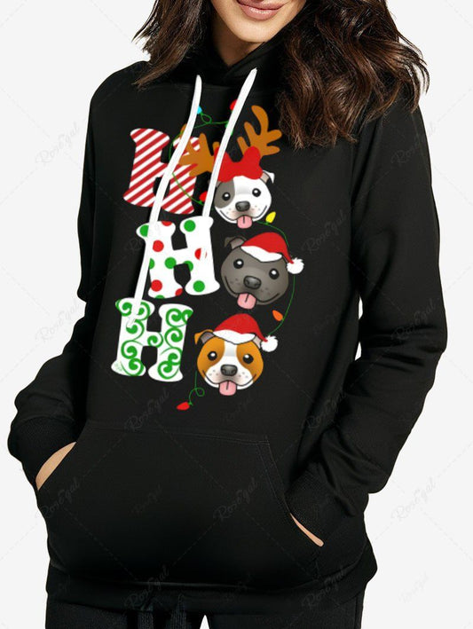 Plus Size Christmas Hat Elk Dog Letters Printed Pocket Drawstring Pullover Long Sleeves Hoodie