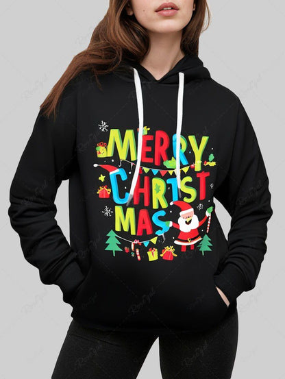 Plus Size Christmas Tree Snowflake Santa Claus Colorful Letters Printed Pocket Pullover Long Sleeves Hoodie