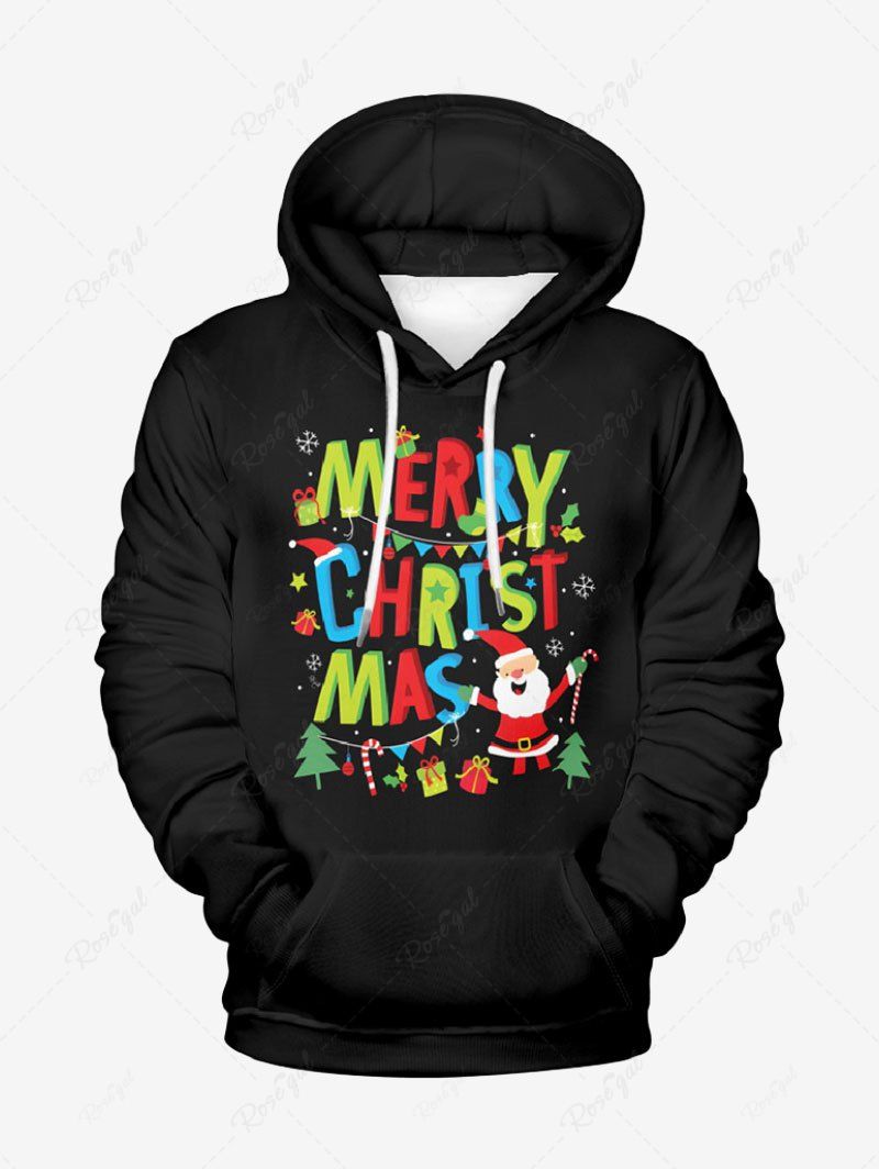 Plus Size Christmas Tree Snowflake Santa Claus Colorful Letters Printed Pocket Pullover Long Sleeves Hoodie