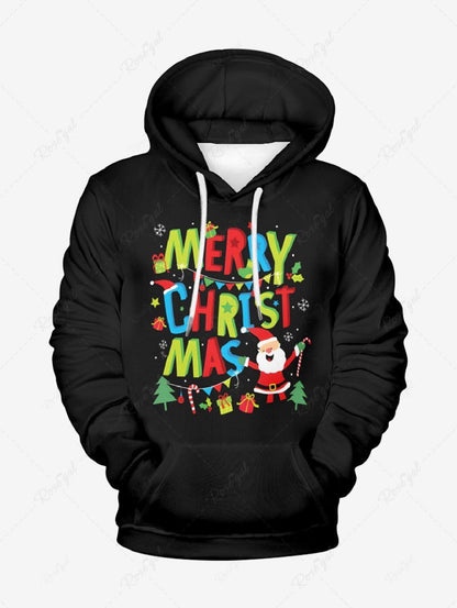 Plus Size Christmas Tree Snowflake Santa Claus Colorful Letters Printed Pocket Pullover Long Sleeves Hoodie