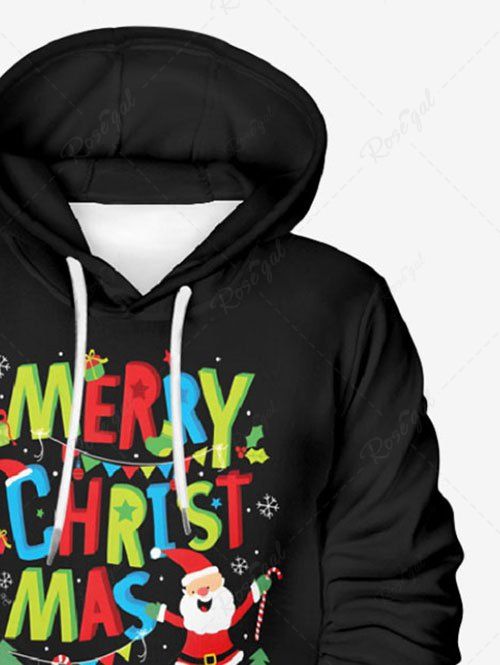 Plus Size Christmas Tree Snowflake Santa Claus Colorful Letters Printed Pocket Pullover Long Sleeves Hoodie