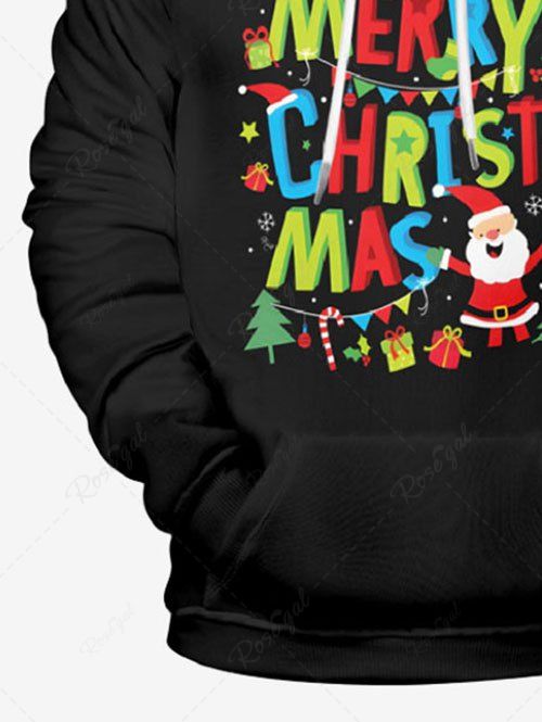 Plus Size Christmas Tree Snowflake Santa Claus Colorful Letters Printed Pocket Pullover Long Sleeves Hoodie